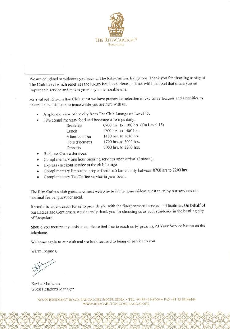 Ritz Carlton Bangalore Club Level Benefits